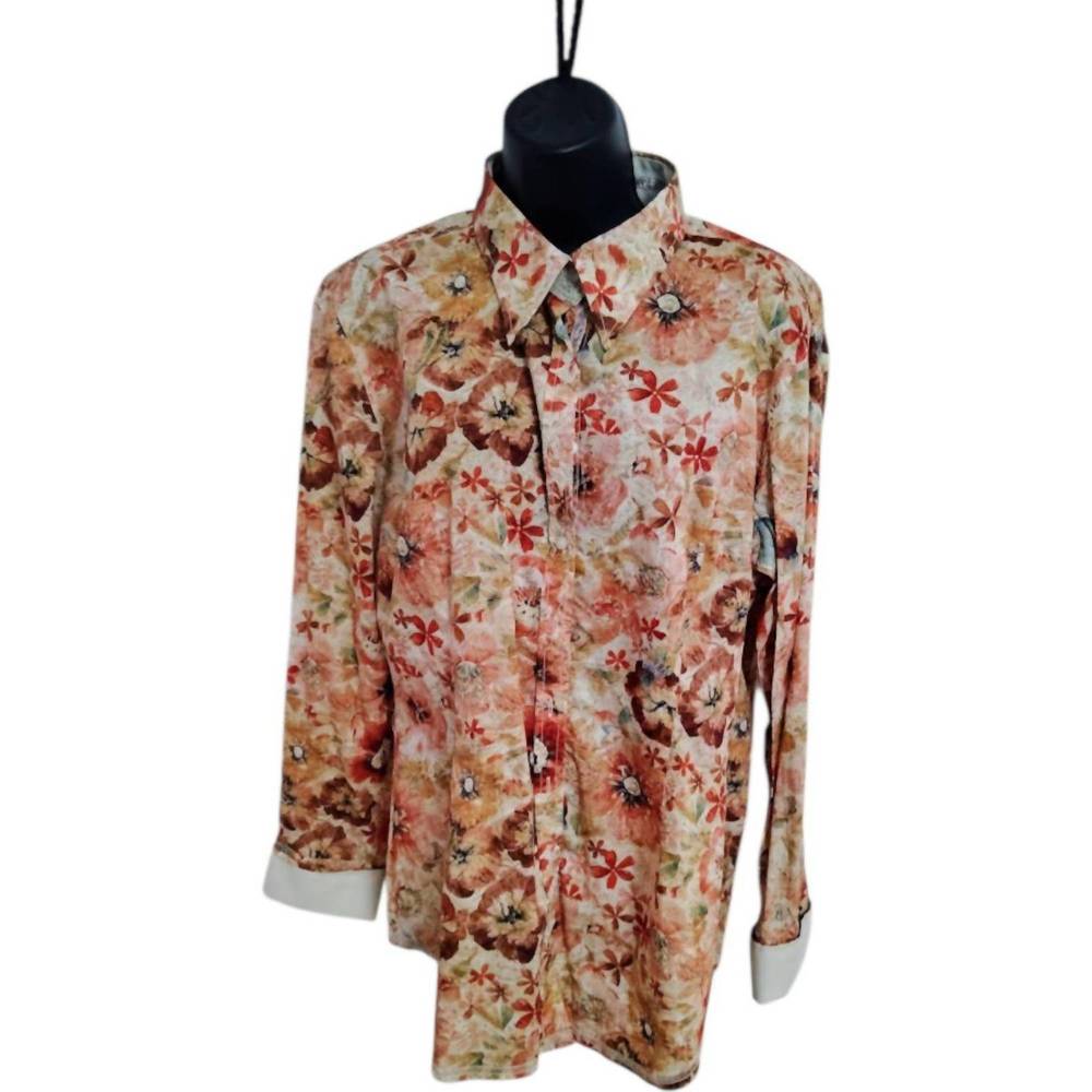 NEW GEORGE ROTH women's floral cotton blouse in brown print